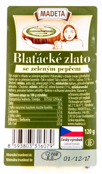 Madeta Blaťácké zlato sýr se zeleným pepřem . 1x120g / Madeta Blaťácké Goldkäse mit grünem Pfeffer.